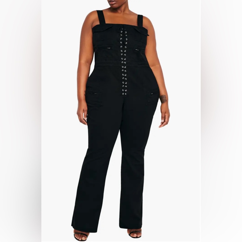 Good American Black Lace-Up Utility Twill Jumpsuit